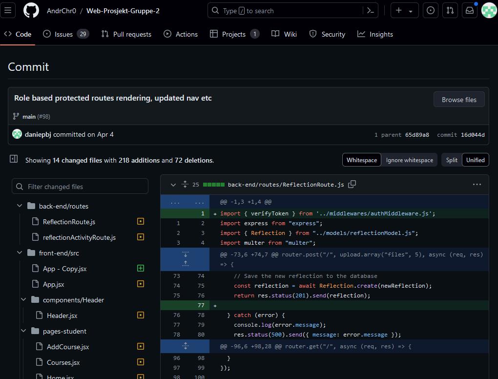 GitHub commit screenshot showing code contribution to protected routes and role-based rendering.