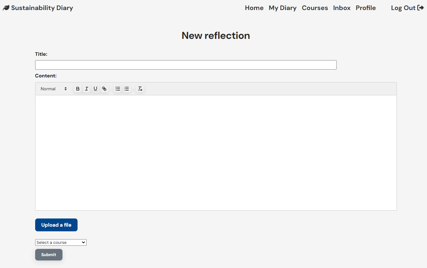 Screenshots of the My Diary and New Reflection pages in Sustainability Diary.