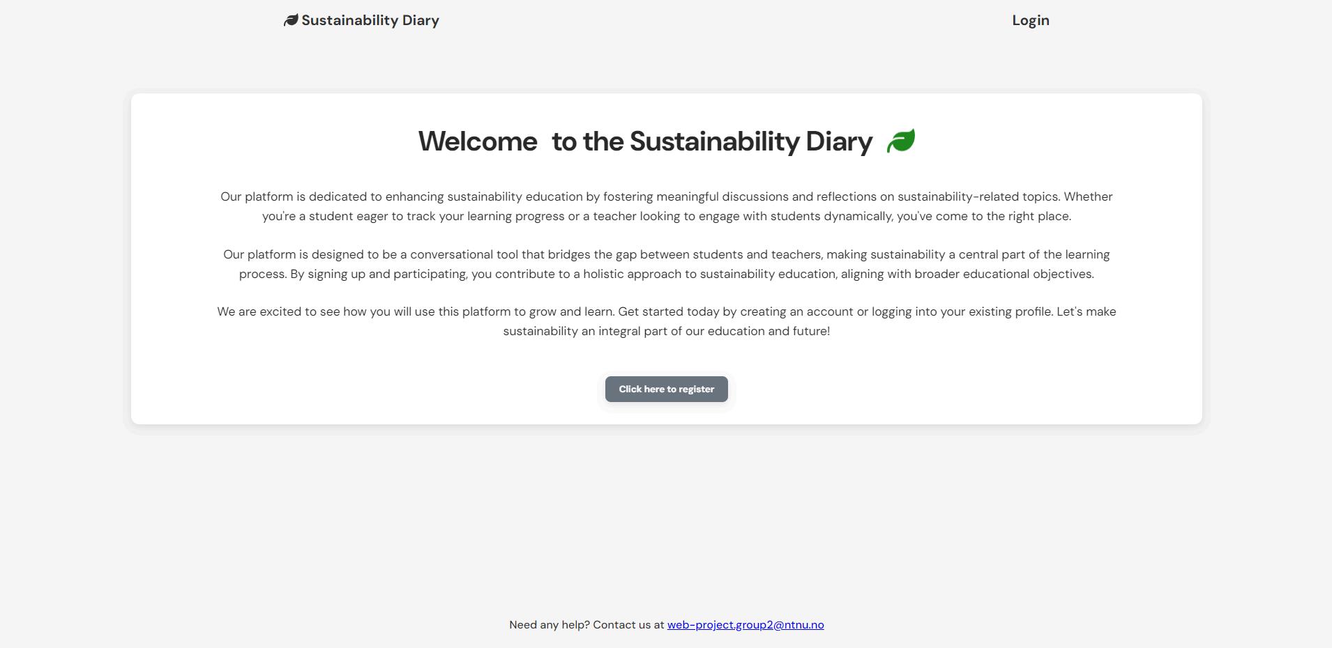 Redesigned Sustainability Diary landing page with a clean white card, centered welcome text and login link.