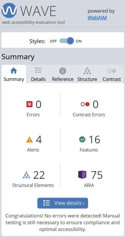 WAVE accessibility evaluation result showing zero errors and zero contrast errors.